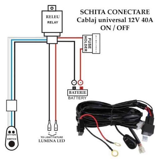 Cablaj cu releu si buton 300W, 12V, 40A, proiectoare sau Led Bar, lungime 3m 10